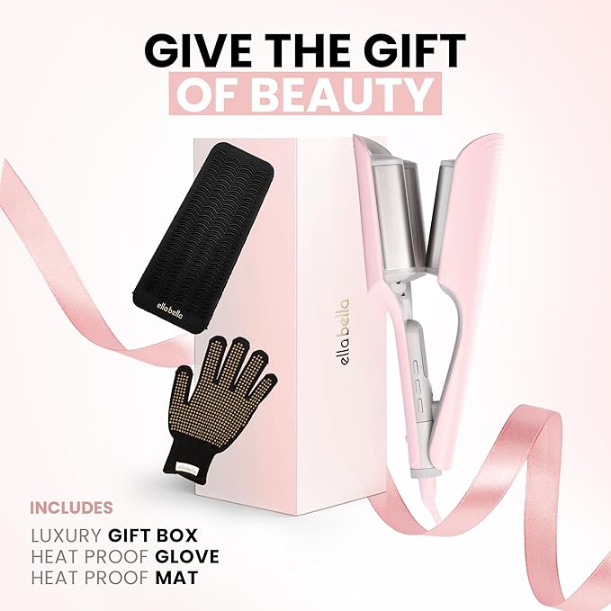 ELLA BELLA® Ultimate Waver Curling Iron • Crimper Hair Tool • Adjustable Heat Settings Dual Voltage • Anti-Scald Tech • Ionic Ceramic Coating for Long-Lasting, Frizz-Free Beach Waves (Pink & Grey)