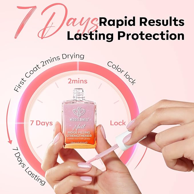 modelones Nail Strengthener Glitter Pink Nail Polish Nail Repair for Damaged Nails Hardener and Growth Polish Nail Care Gifts for Women Nail Strengthening Polish 15ml