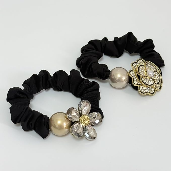 Silk Scrunchies Hair Ties 2Packs – Super Soft Thin Hair Scrunchies, Gentle on Hair, Rose Flower Crystal Decorated Hair Accessories for Women