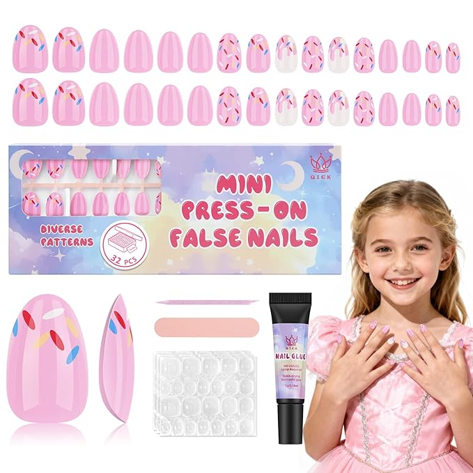 16 Sizes Press on Nails Kit for Kids - 32 Pieces French Almond Fake Nail Tips for Girls 8-12 Years Old with Jelly Nail Adhesives & No-Lamp Nail Glue, Birthday Christmas Gifts (Pink Ice Cream)