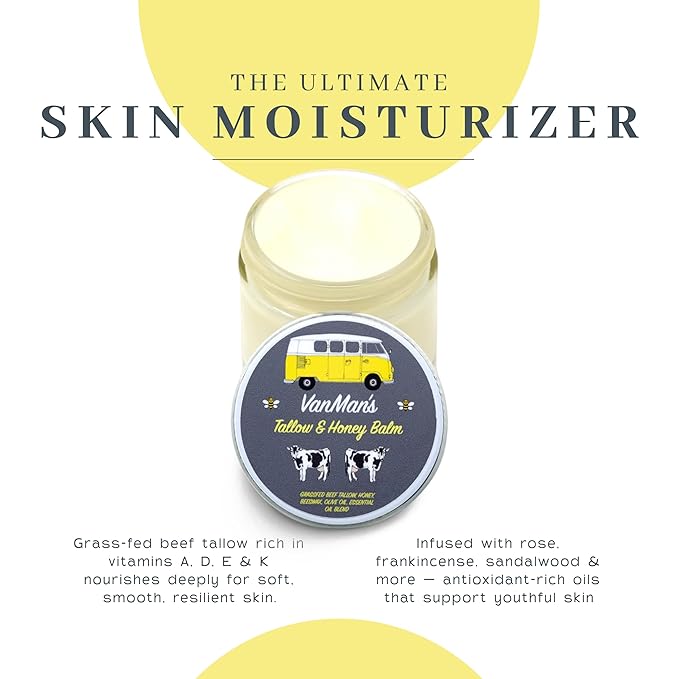 Vanman's Tallow and Honey Balm (3 Pack) - Tallow Face Moisturizer with Pure Grass-Fed/Finished Beef Tallow for Skin and Essential Oils, Organic Raw Honey and Beeswax, Cold Pressed Olive Oil - 2 oz