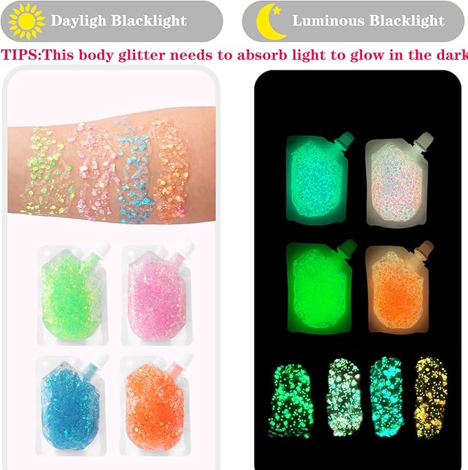 MEICOLY Glow in The Dark Body Face Glitter Gel,Luminous Halloween Sequins Chunky Glitter, Self-Adhesive Neon UV Blacklight Glitter for Body Face Hair Festival Sparkling Body Glitter for Women,Blue
