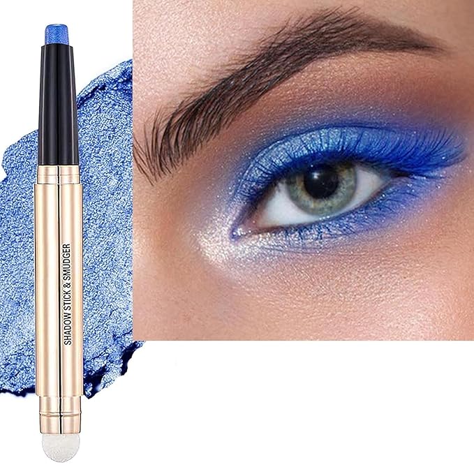 Blue Eyeshadow Stick Makeup, Highlighter Matte Cream Eye Shadow Pencil, Waterproof Hypoallergenic Long Lasting Crayon, Glitter Primer Palette Shimmer Eyeliner Pen wiht Soft Brush