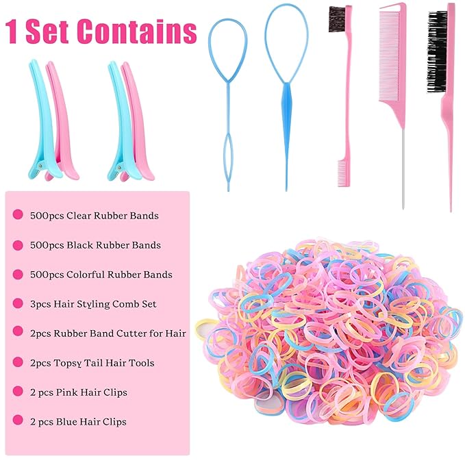 Colorful Mini Rubber Bands with Topsy Tail Styling Tools - Elastic Hair Ties, Hair Cutter, and Hair Accessories for Baby Girls and Women