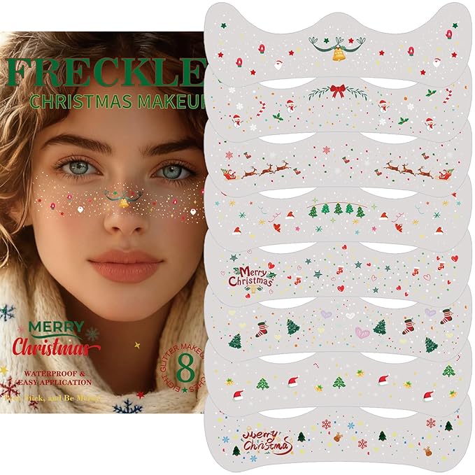 8Pcs Christmas Face Makeup Patches, Glitter Freckles Face Tattoo for Teenagers & Young Women, Sparkle Freckles Waterproof Face Glitter Freckles for Christmas (8PcsI)