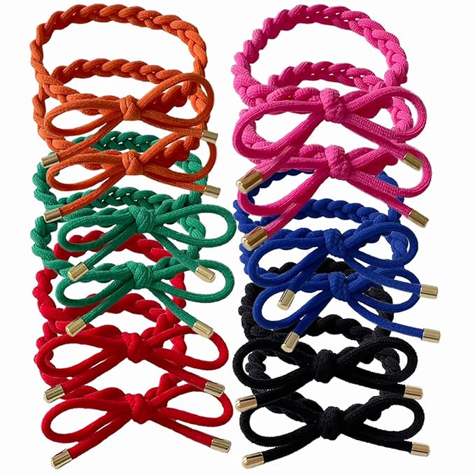 12 PCS Bright Color Braided Hair Ties Bow Tie Hair Bracelets for Women Girls Elastic Hair Ties No Damage Ponytail Holders(6 Colors)