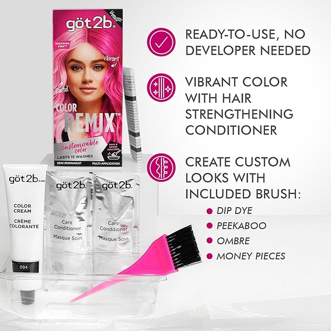 got2b Color Remix Semi-Permanent Hair Color, Shocking Pink 093, Customizable Temporary Hair Dye to Create A Vibrant or Pastel Shade, Easy At-Home Application, Lasts Up to 15 Washes
