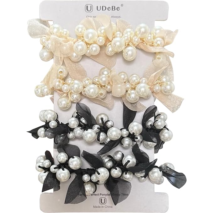 Silk Scrunchies Hair Ties 4Packs – Super Soft Thin Hair Scrunchies, Gentle on Hair, Faux Pearl Decorated Hair Accessories for Women