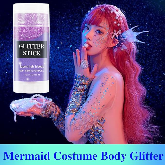MEICOLY Purple Hair Glitter Stick,Halloween Mermaid Face Glitter Paint,Mardi Gras Outfit for Women Accessories,Waterproof Body Glitter Chunky Makeup,Body Glitter for Spirit Week Costume