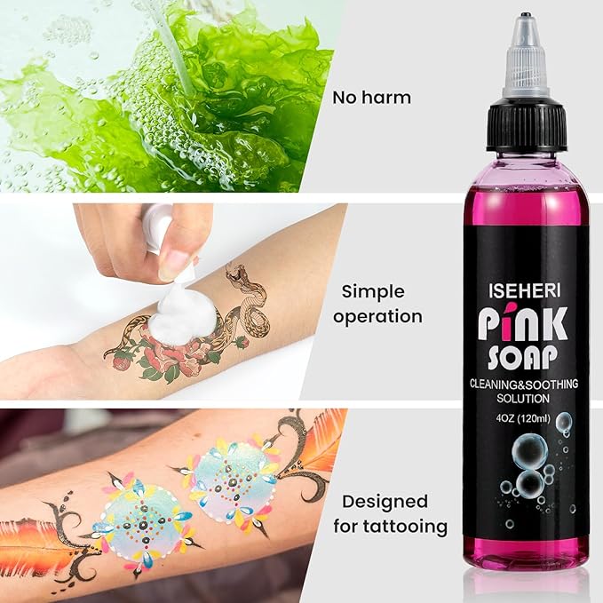 2PCS Ultra Concentrated Tattoo Soap 4OZ with Foaming Bottle 120ml, Tattoo Supplies for Tattoos Piercings, Clean Skin Equipment（Green&Pink）