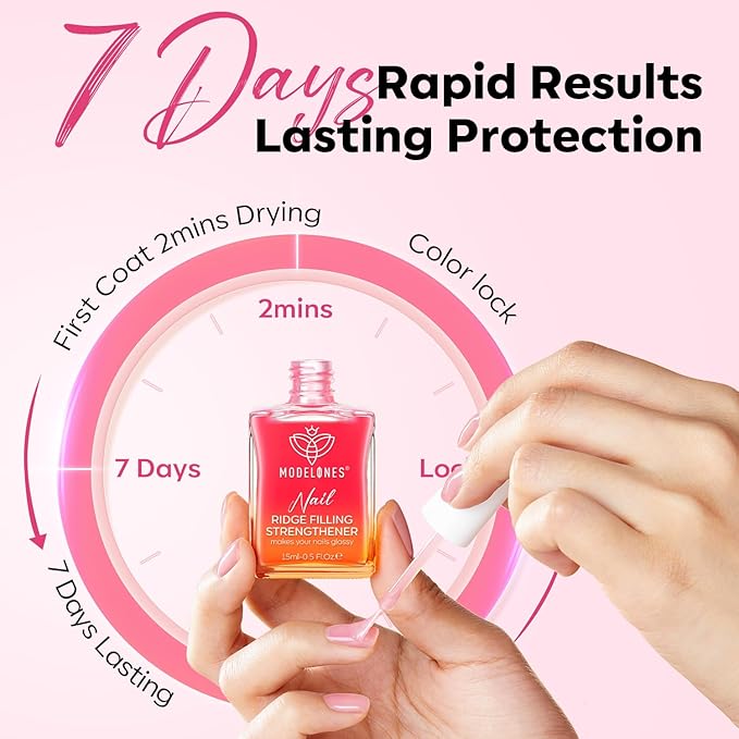 modelones Nail Strengthener Sheer Pink Nail Polish Nail Hardener Extra Strong and Growth Natural Nail Ridge Filler Nail Strengthener for Damaged Nails Repair Gifts for Women 15ml