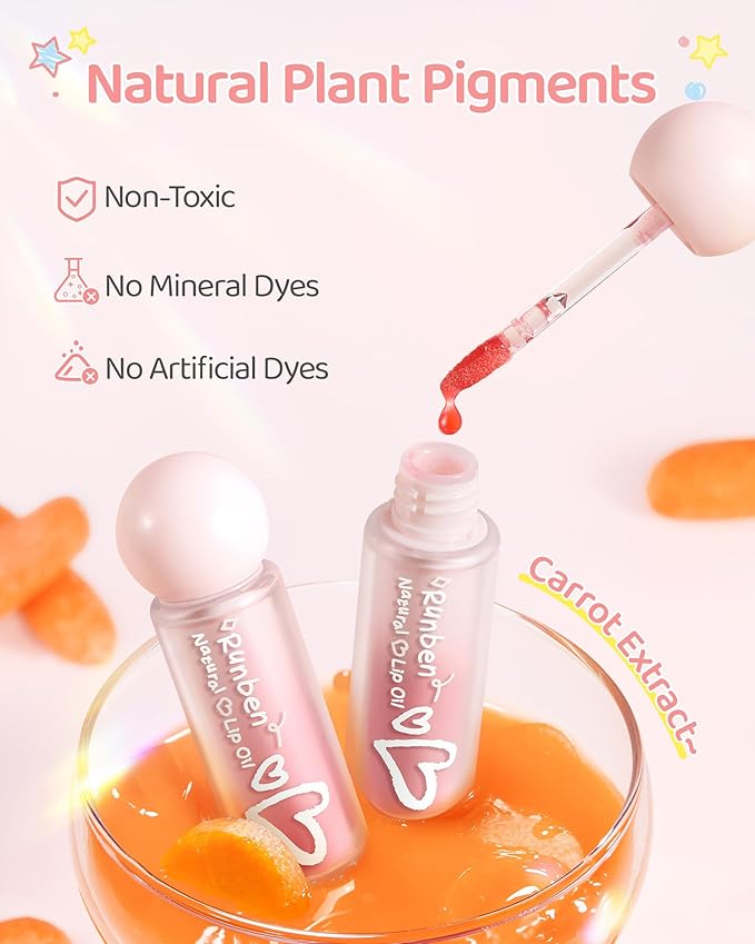 RUNBEN Kids Tinted Lip Oil, 48H Lasting Moisturizing, Glossy Lip Glow Oil, Safe & Non-toxic Makeup for Girls & Teen （Red）