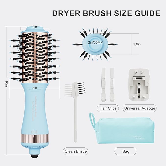 Travel Size Hair Dryer Dual Voltage Hair Styler, 110-240V 2 Inch Oval Jet Brush, Blow Dryer with Universal Adapter for Worldwide Use