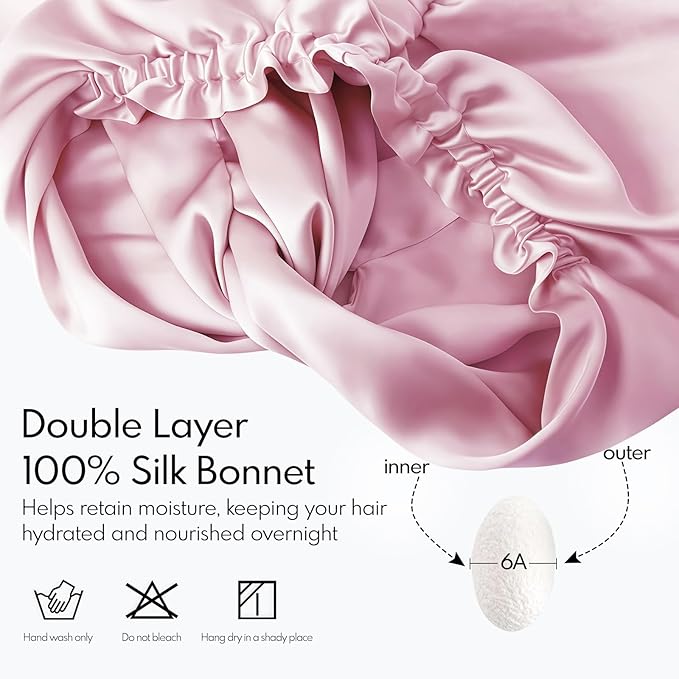MISF 22 Momme 100% Real Mulberry Silk Bonnet For Sleeping Women, Double Layer Pure Silk Bonnet with Adjustable Elastic Band