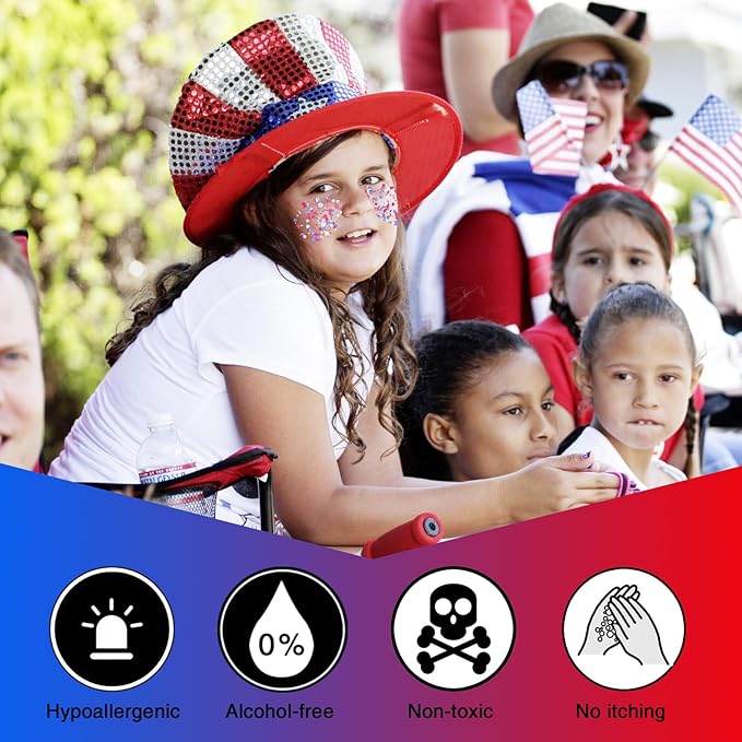 Red White Blue Patriotic Face Glitter & USA Star Headband Set,4th of July Hair Glitter Accessories,Blue Body Glitter Makeup,Fourth of July Outfits for Women Girls Kids