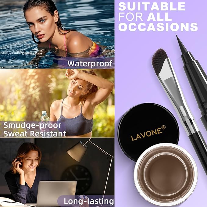 LAVONE Eyeliner Set - Waterproof Makeup Kit with Liquid Eye Liner Pencil, Gel Eyeliner and Angled Eye Liner Brush, Waterproof, Smudge Resistant, Long Lasting Formula - Dark Brunette