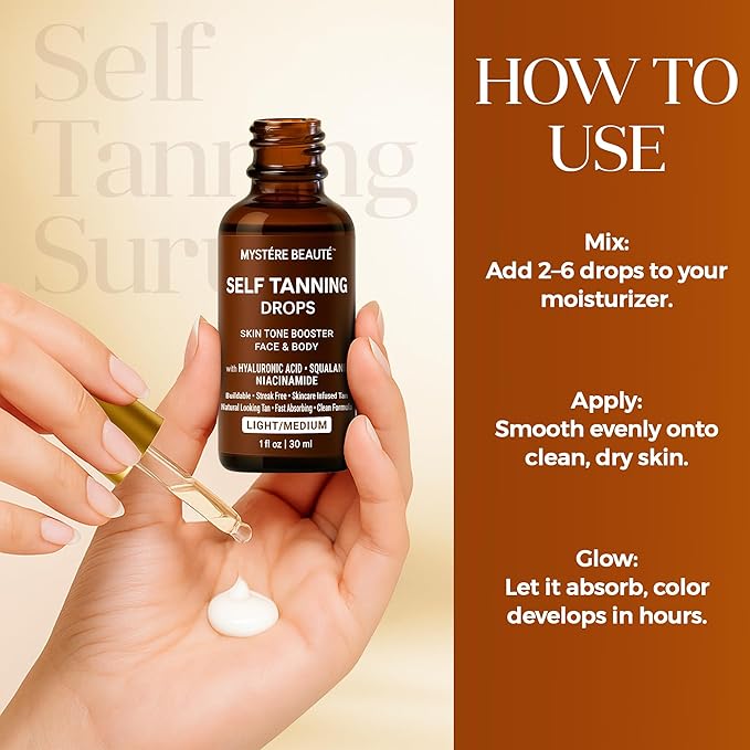 Hydrating Self Tanning Drops – LIGHT/MEDIUM – Face & Body Tint with DHA, Hyaluronic Acid, Squalane & Niacinamide – Natural-Looking Tan – MYSTERE BEAUTE – 1 fl oz