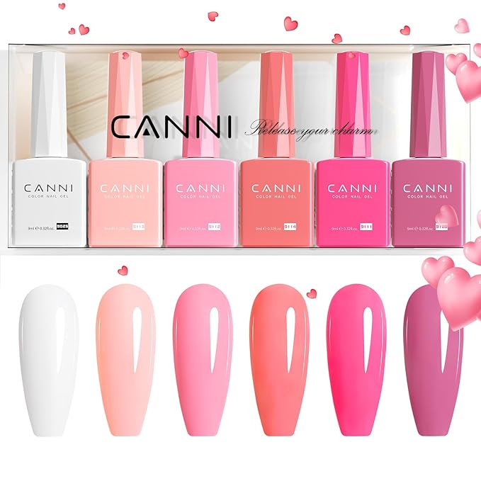 CANNI 6Pcs 9ml Pink Gel Nail Polish Set- Hot Pink Gel Polish Kit DIY at Home Salon Valentines Day Christmas New Year's Gifts for Girls