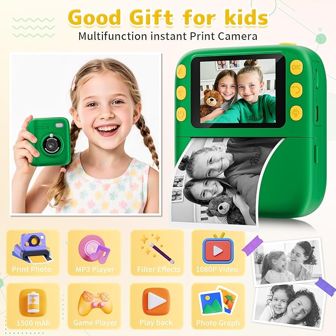 Instant Print Camera for Kids, Christmas Birthday Gifts for Girls Boys, 1080P Instant Digital Print Cameras for Toddler,Portable Toy for 4 5 6 7 8 9 10 Year Old Girl with 32GB SD Card，Green