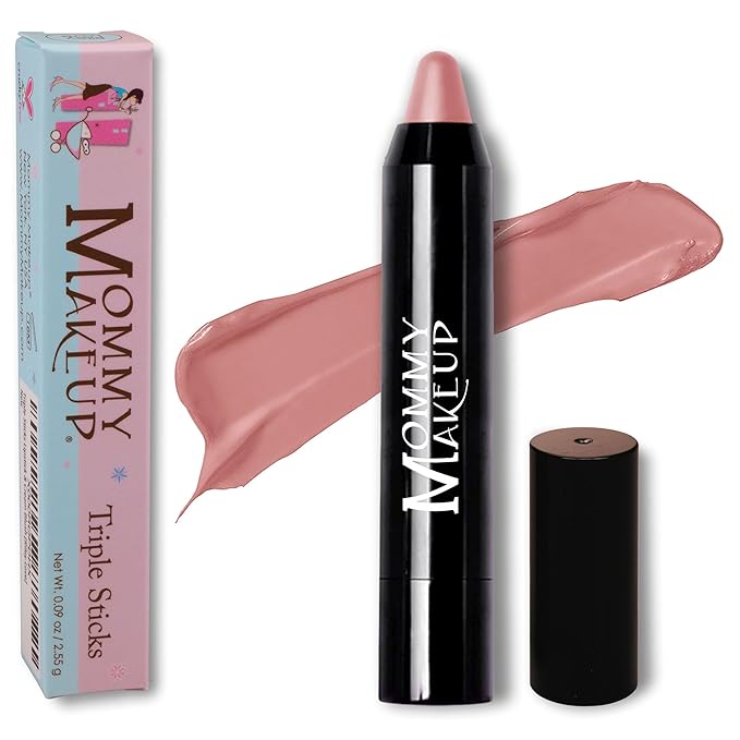 Mommy Makeup Triple Sticks Lipstick, Cream Blush & Treatment All-In-One with Shea & Cocoa Butter - Soft & Creamy Moisturizing Lip Crayon For Lips & Cheeks (Pink-a-boo)