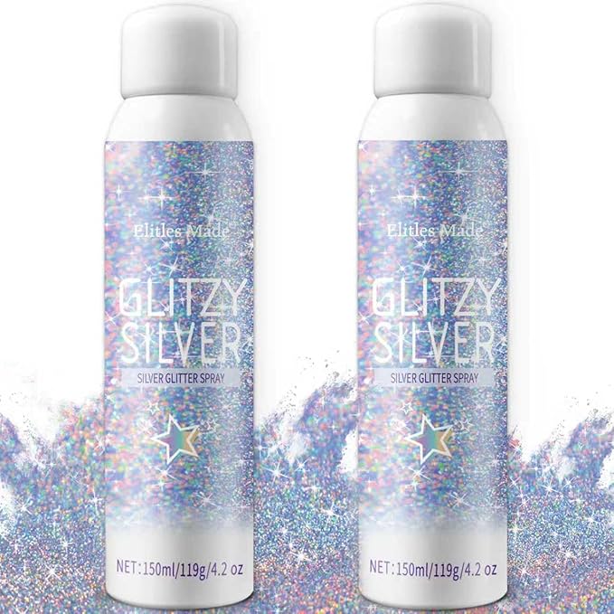 Hair Glitter, 2PCS Body Glitter Spray Glitter Hairspray for Kids Women, Long-Lasting Quick-Drying Holographic Glitter Spray for Hair and 8.4 Fl OZ (Holo Silver+ Holo Silver)