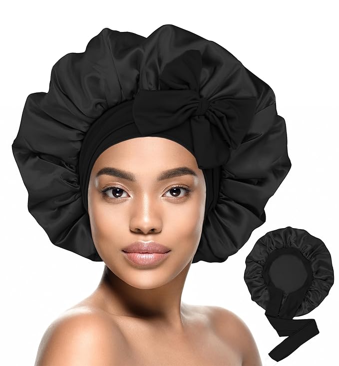HiRui Silk Satin Bonnet for Sleeping Women, Double-Layer Sleep Cap Shower Cap with Adjustable Tie, Moisture Retaining Satin Lined Hair Bonnet for Curly and Natural Hair (Black, Medium)