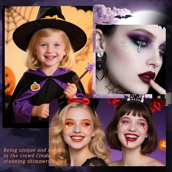 8pcs Holographic Silver Halloween Glitter Freckles Face Tattoo, Waterproof Long Lasting Multicolor Speckles Patches for Women Kids, Cute Temporary Tattoo Makeup Accessories for Festival Rave