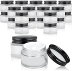 24 Pack 1oz Clear Glass Jars Small Glass Containers with Black Metal Lids Empty Cosmetic Jars with Inner Liners and Lids Clear Glass Lotion Jars with Labels for Traveling