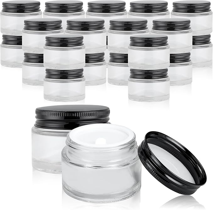 24 Pack 1oz Clear Glass Jars Small Glass Containers with Black Metal Lids Empty Cosmetic Jars with Inner Liners and Lids Clear Glass Lotion Jars with Labels for Traveling