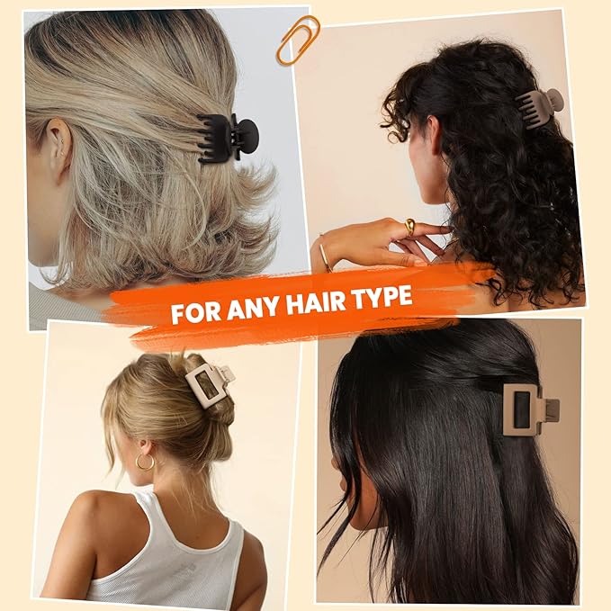Matte Hair Clips for Women Girls - 2" Rectangle & 1.6" Double Row Teeth Small Jaw Clips, Non-Slip Design for Thin/Fine Hair (White, Khaki, Brown, Black)
