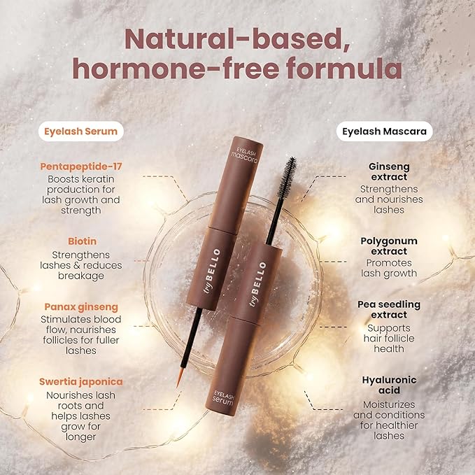 Trybello 2-in-1 Eyelash Growth Serum + Mascara Dual Wand | Natural Lash Growth Booster with Biotin, Peptides & Botanical Extracts | Volumizing, Thickening & Lengthening Formula for Fuller Eyelashes