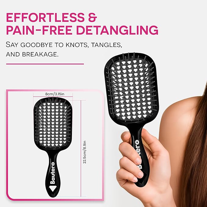 Bautero Brush Detangler Brush for Wet & Dry Hair, Pain-Free Brushing on All Hair Types, Knot Removal, Vented Hair Brush, Juni Midnight