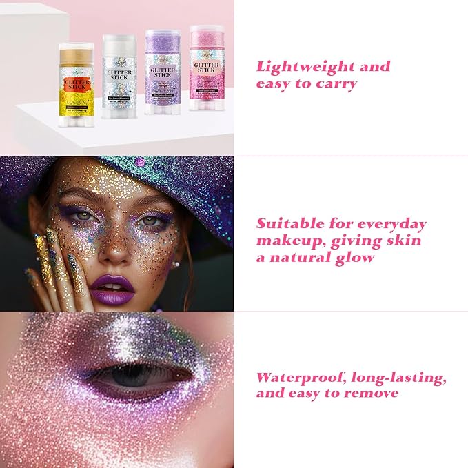 Gold Body Glitter Stick - Face & Hair Glitter Stick for Shimmer & Shine, Long-Lasting Sparkle,Glitter Gel for Hair, Glitter Makeup for Women and Men