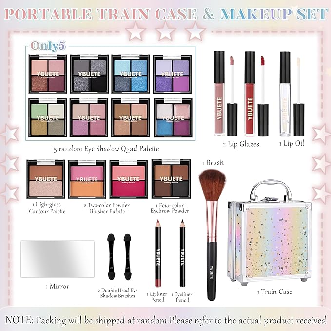Beginner Makeup Set for Teen Girl Women, Makeup Present for Her, Makeup Kit with Cosmetic Train Case Contained Eyeshadow Blush Lip Gloss and Oil Lip Liner Eyeliner Brushes Mirror (Pink)