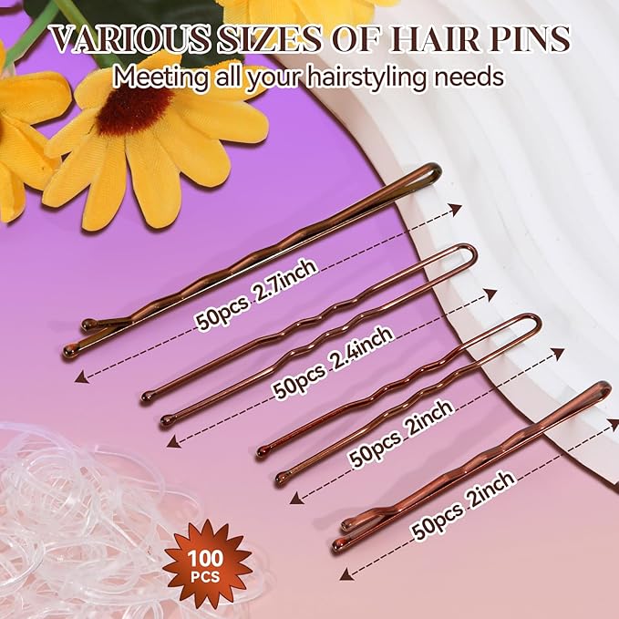 300 Pcs Bobby Pins Hair Pins Kit with Storage Box, 100 Brown Non - Slip Bobby Pins, 100 Invisible Hair Pins for Women and 100 Clear Hair Elastics, Lock in the Style for All Hair Types & Ages