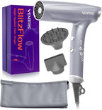 VENTRIS 1400W High-Speed Ionic Hair Dryer, Fast-Drying Lightweight Low-Noise Blow Dryer with Magnetic Diffuser & Concentrator, Cold Shot Button, BlitzFlow Series, Ethereal Gray