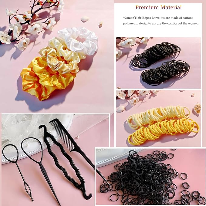 YANRONG Women's Hair Accessories Set: 755 Seamless Ponytail Holders, Variety Hair Scrunchies, Bands, and Ties for Thick and Curly Hair (Yellow)
