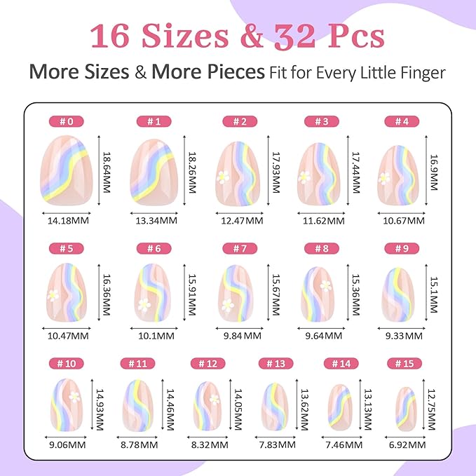 16 Sizes Press on Nails Kit for Kids - 32 Pieces French Almond Fake Nail Tips for Girls 8-12 Years Old with Jelly Nail Adhesives & No-Lamp Nail Glue, Birthday Christmas Gifts (Rainbow Flower)