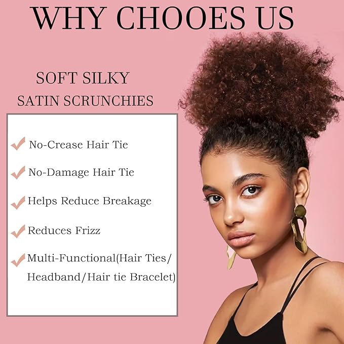 2pcs Adjustable Satin Hair Ties for Afro Puff, Dark Brown Hair Scrunchies, Adjustable Ponytails Holder Tie, Satin Extra Length Scrunchies, Reusable Accessories for Thick & Nature Style
