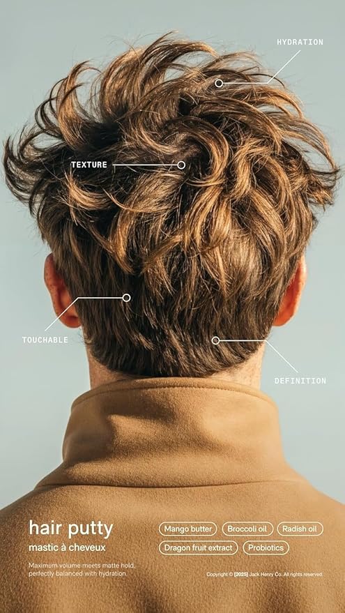 Jack Henry Hair Putty – Natural Matte Finish Styling Paste for Men – Medium Hold, Lightweight, Non-Greasy – With Mango Butter & Broccoli Seed Oil for Nourishment – 1.7 oz