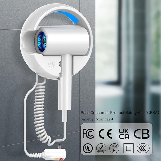110V Hotel Wall Mounted Hair Dryer for Bathroom（with Night Light） Professional Styling HairDryer for Salon【Blue Light Negative Ions】 Fast Drying Restroom Blow Dryer，Matte Texture - Graphite Ash