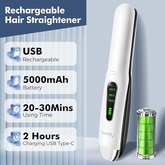 SUNMAY Cordless Hair Straightener, Portable Mini Flat Iron Hair Straightener for Travel, 20s Fast Heating, 5000mAh USB-C Rechargeable, Dual Voltage Hair Straighteners and Curlers 2 in 1 for Women