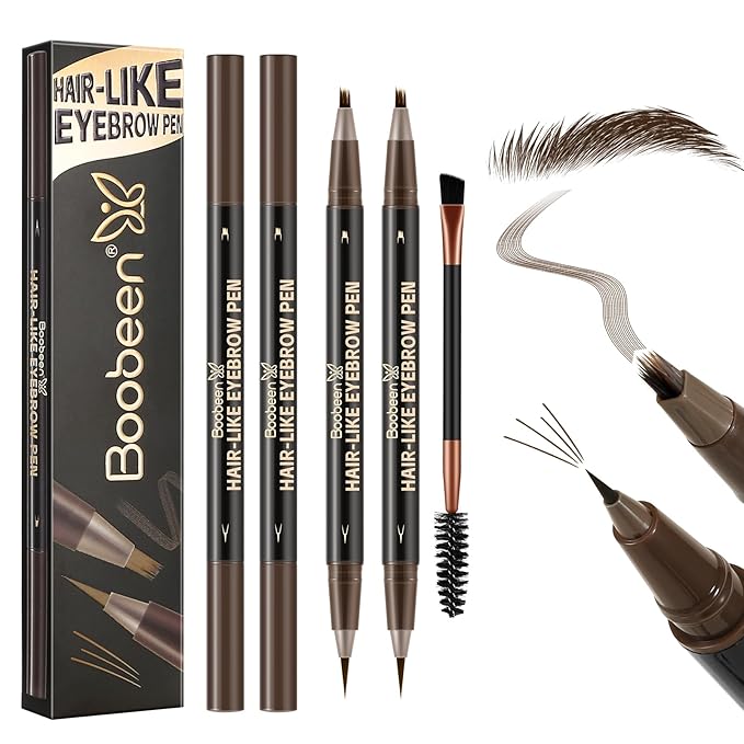Boobeen 3pcs Waterproof Eyebrow Pen，Dual-Ended Eyeliner Microblading Eyebrow Pencil for Women，Long Lasting Hair-Like Brow Pen with Brow Brush，Dark Brown