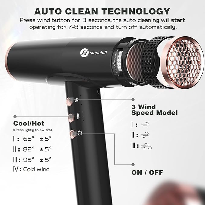 slopehill Professional Ionic Hair Dryer with Diffuser - Lightweight, Compact, Powerful & Fast Salon Blow Dryer with High Speed Brushless Motor for Travel, Women & Men (Ceramic, Black)