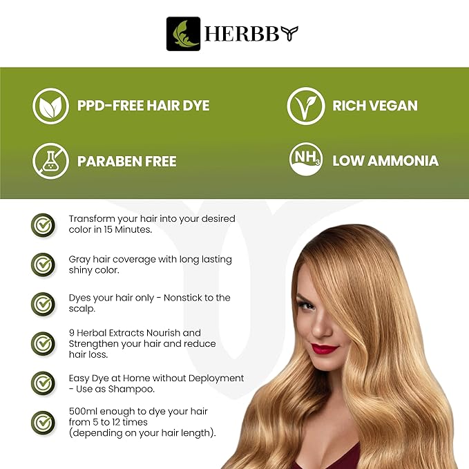 HERBBY Hair Color Shampoo for Gray Hair Coverage&Color Transform with 9 Herbal Extracts –Long Lasting(6-8 Weeks),Shiny,Evenly Colored,Instant Hair Dye Shampoo&Conditioner, 500 Ml (LIGHT HONEY COLOR)