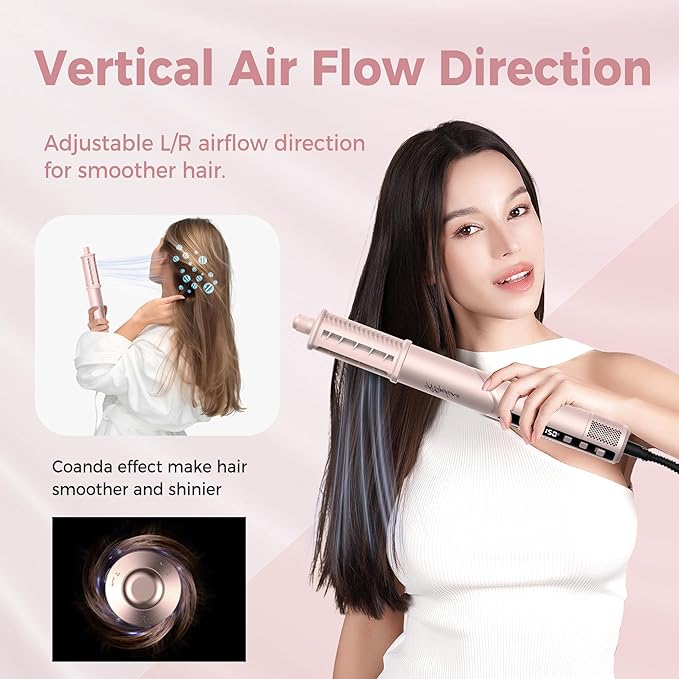 8-in-1 Hair Dryer Brush & Hot Air Styler, 110,000 RPM Blow Dryer Brush Foldable LCD Display, 4 Heat Settings Auto Curler Fast Drying Curling Straightening for Salon & Travel (Pink)