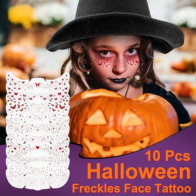 10Pcs Halloween Face Makeup Patches, Glitter Freckles Face Tattoo for Teenagers & Young Women, Sparkle Freckles Makeup Patches, Waterproof Face Glitter Freckles (10Pcs Red)
