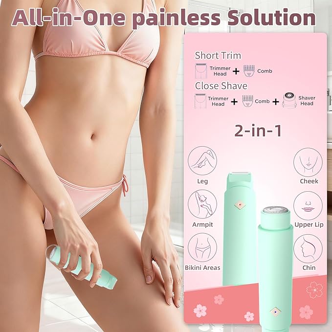 2-in-1 Dual Head Bikini Shaver - Waterproof Bikini Trimmer for Women, Cordless Rechargeable Electric Shaver, Women Electric Razors Grooming Kit (Green)