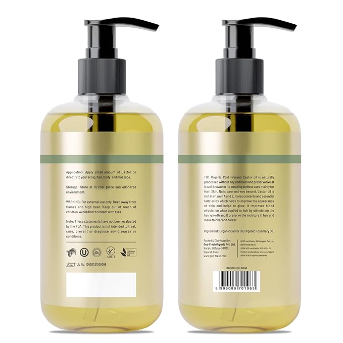 Organic Castor Oil 9 fl oz - Rosemary Infused Cold Pressed - 100% Pure & Hexane Free - Castor Oil for Hair Growth - Moisturizing & Nourishing for Face & Body - The Holly Tree