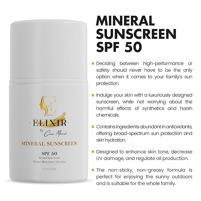 Elixir by Cocó March Broad Spectrum Mineral Sunscreen SPF 50 Sun Protection, Water-Resistant-80 min, Hydrates and Enhances Skin, Adults and Children- 2.1 Oz 59 g